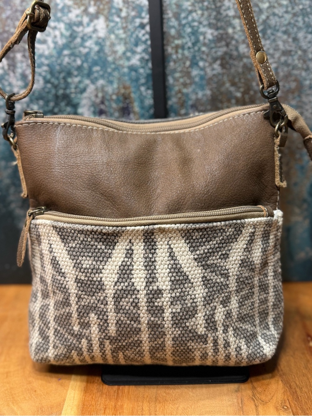 Myra Bag Boho Brown Leather/Woven Crossbody Adjustable Strap (VGUC)